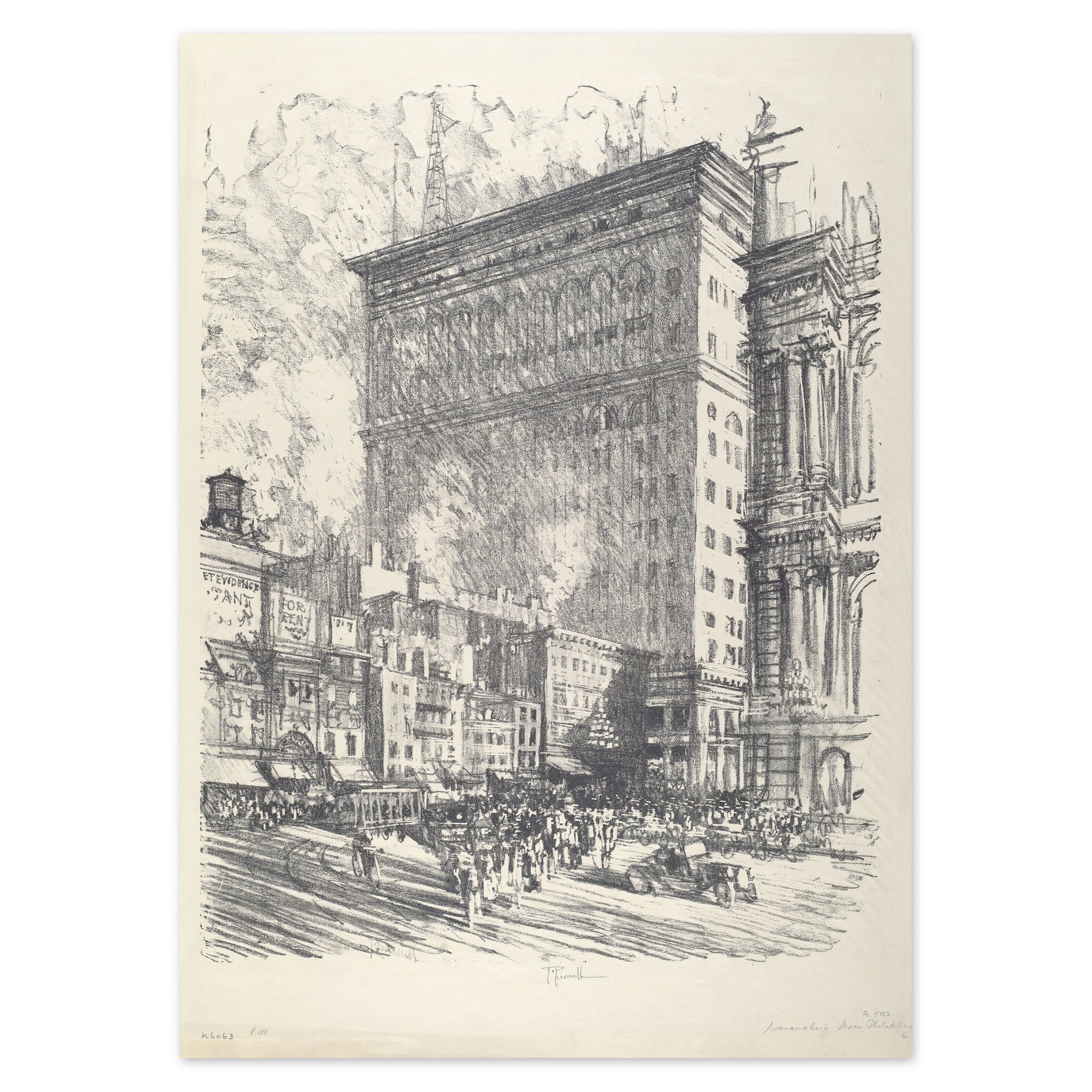 Poster. Beautiful old-school pencil drawing of the City Hall and Wanamaker building. Drawn by Joseph Pennell in 1912.