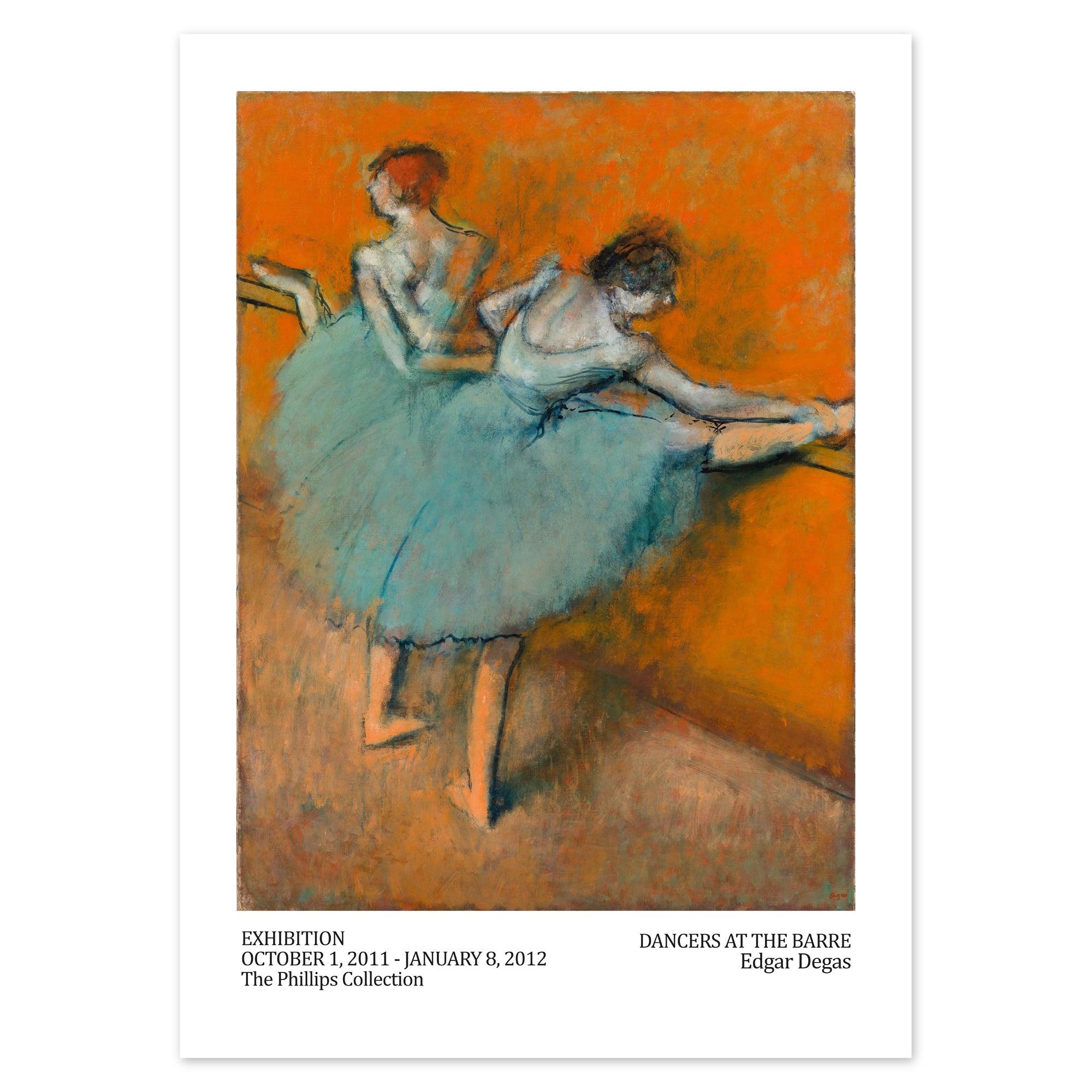Poster. Classic oil pastel painting depicting two dancers in orange and blue nuances.